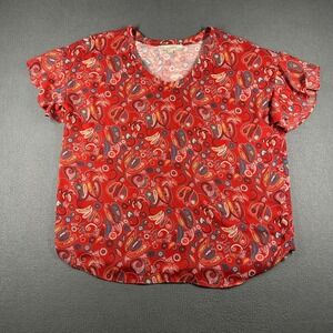 LOFT Blouse Womens Large Red Paisley Print Flutter Sleeve V- Neck Top Short Slv
